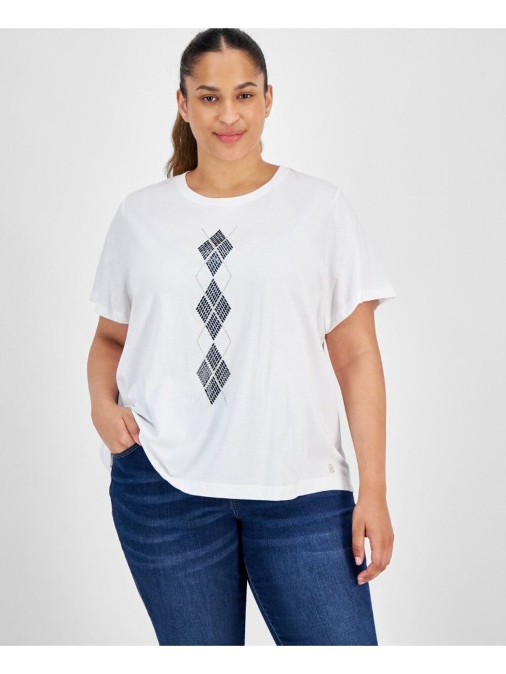 Tommy Hilfiger Womens Plus Size Argyle T-Shirt Bright White Size 0X NWT